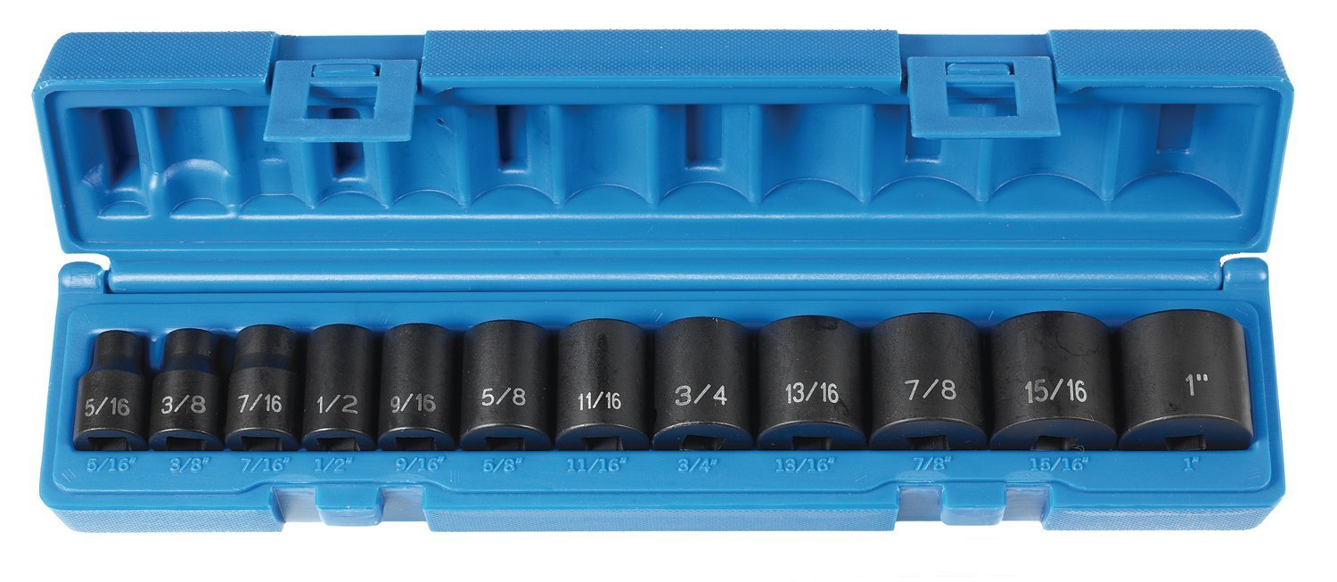 Grey Pneumatic 3/8" dr. 12 pc 6 pt SAE Shallow Impact Socket Set Sizes: 5/16" to 1" with molded storage case