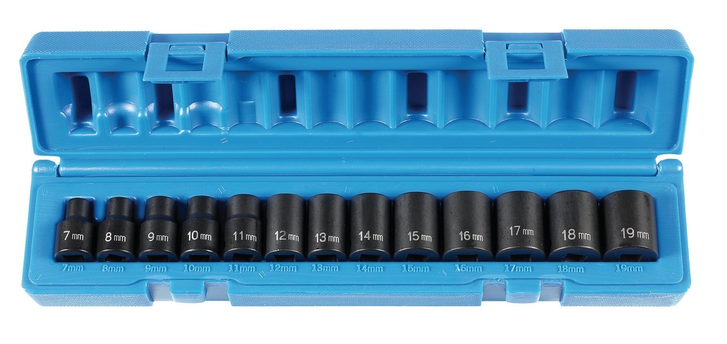 Grey Pneumatic 3/8" dr. 6 pt Metric Shallow Impact Socket Set Sizes: 7 mm to 19 mm with molded storage case