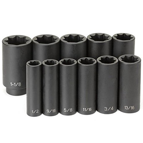 1311SD Grey Pneumatic 1/2" dr. 11 pc 8 pt SAE Deep Impact Socket Set Sizes: 1/2" to 1 1/8" includes molded case