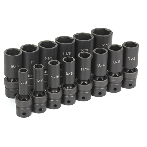 Grey Pneumatic 1/2" dr. 14 pc 6 pt SAE Standard Length Impact Universal Socket Set Sizes: 7/16" to 1 1/4"  