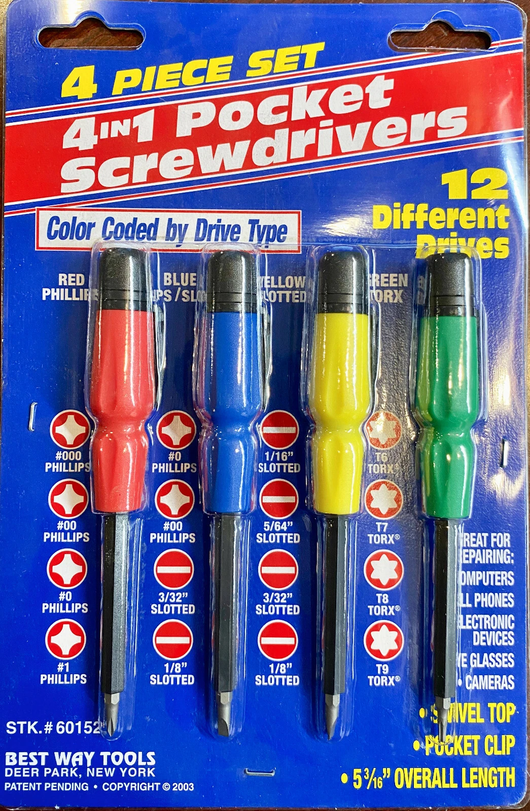 3 pc. 4 in 1 Pocket Screwdrivers 12 Different Drives