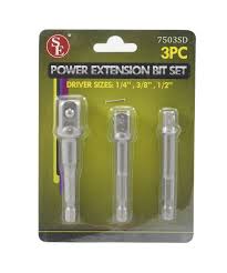 3 pc Power Bit Extension Set Sizes: 1/4",3/8" and 1/2" Drive