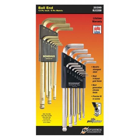 BONDHUS 22 pc GORILLA Ball End Inch and Metric Long Arm Hex L-Key Set Made in U.S.A.
