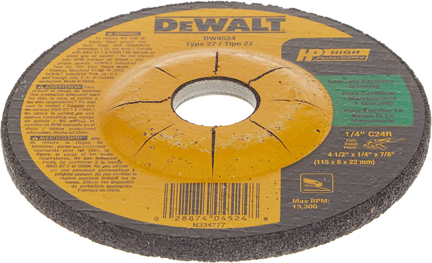 DeWALT 4 1/2" x 1/4" x 7/8" Arbor Concrete/Masonry Grinding Wheel 13,300 RPM,C24R 1