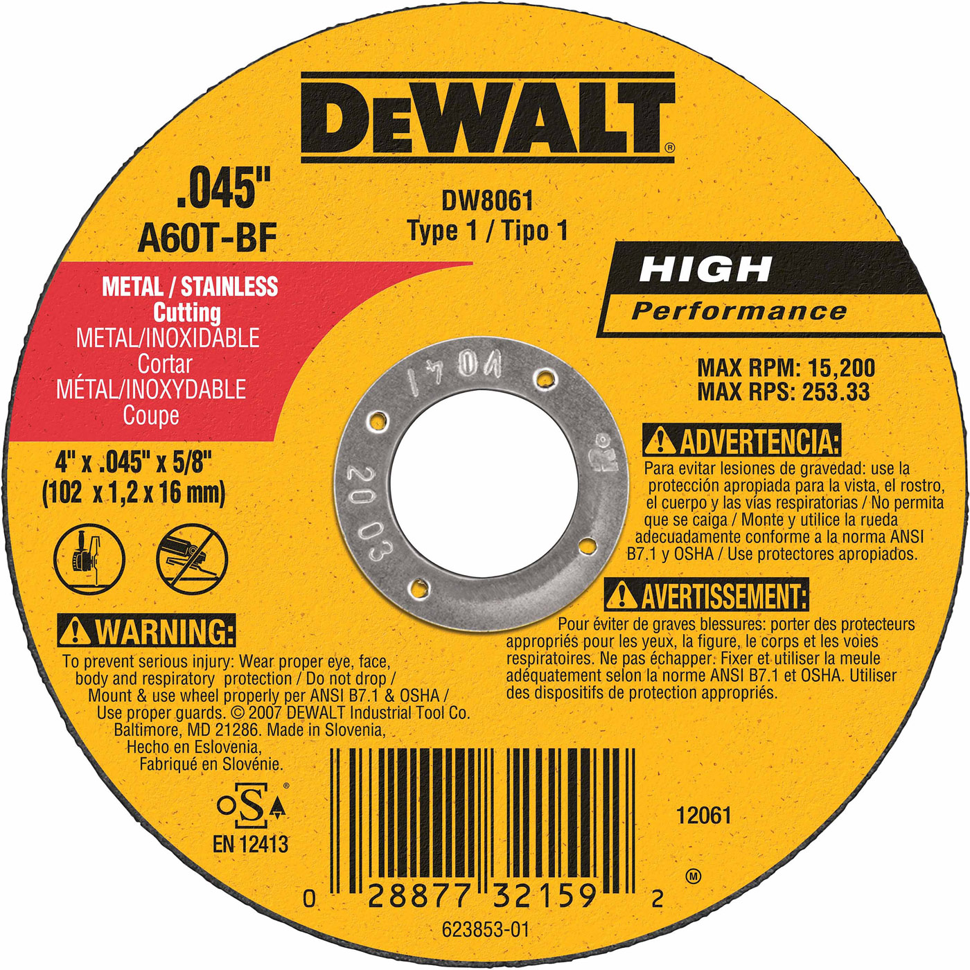 DeWALT 4" x .045" x 5/8" Arbor Metal Cut Off Wheel A60T Grit 15,200 RPM