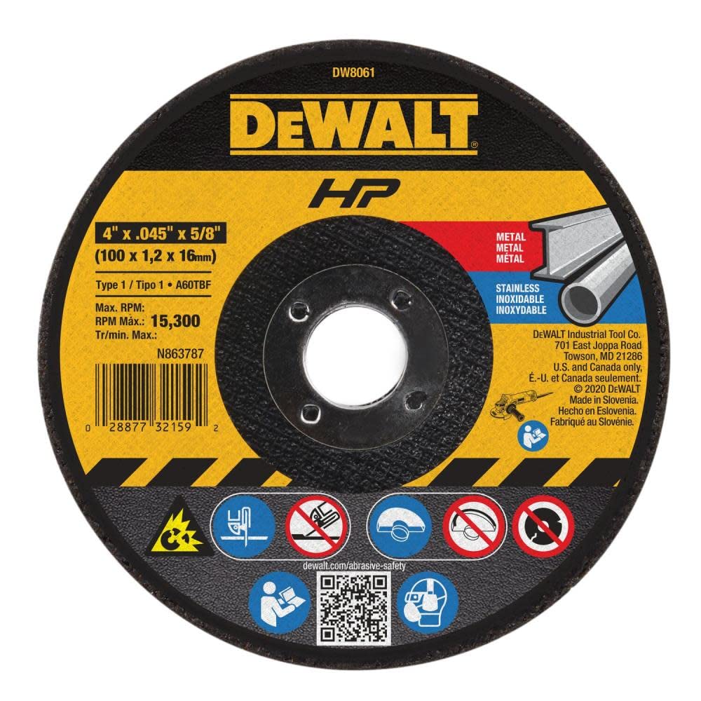 DeWALT 4" x .045" x 5/8" Arbor Metal Cut Off Wheel A60T Grit 15,200 RPM