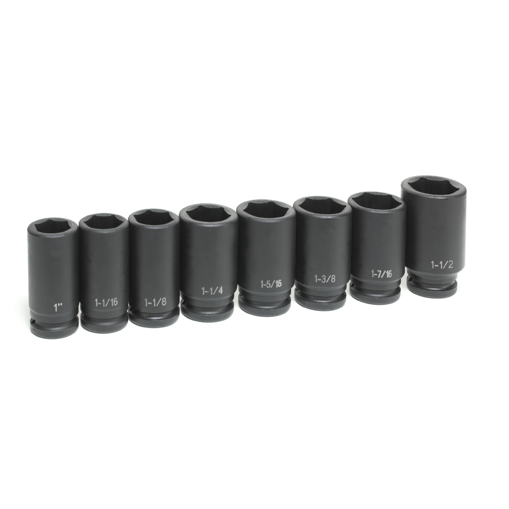 GREY PNEUMATIC 8 PC 3/4" DRIVE 6PT SAE DEEP IMPACT SOCKET SET SIZES: 1" TO 1 1/2" PLASTIC MOLDED CASE 1