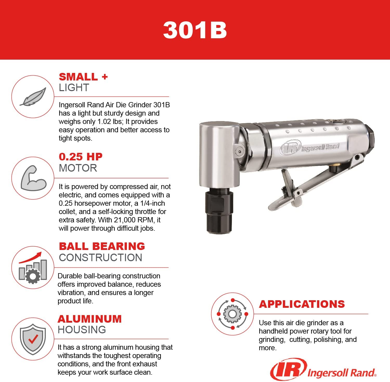 IR 301 Ingersoll-Rand 1/4" Collet. Air Angle Die Grinder (Most Popular) 1