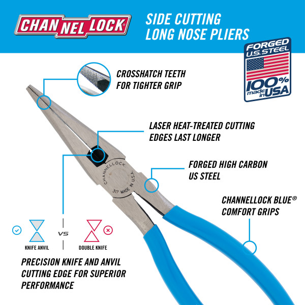 CHANNELLOCK  8-INCH LONG NOSE PLIERS WITH SIDE CUTTER Size & Fit Guide 