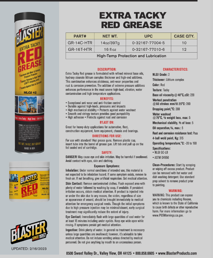14 oz. Extra Tacky Red Grease Cartridge for Grease Gun 1