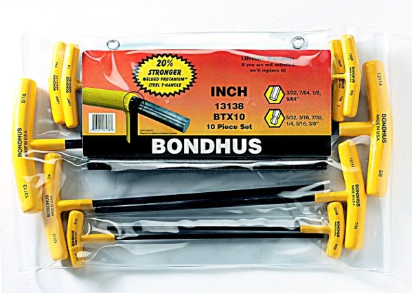BONDHUS BALLDRIVER T-HANDLE HEX WRENCH SET SAE 3/32" TO 3/8" MADE IN U.S.A.