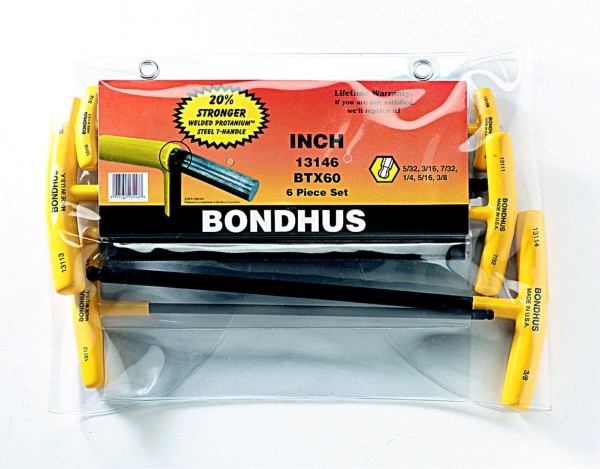 BONDHUS BALLDRIVER T-HANDLE HEX WRENCH SET SAE 5/32" TO 3/8" MADE IN U.S.A.