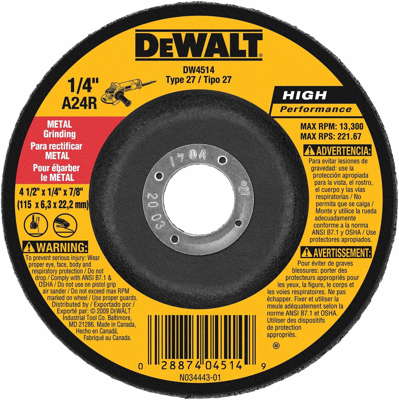 DeWALT 4 1/2" Dia. x 1/4" Size x 7/8" Arbor Metal Depressed Center Wheels 12,000 RPM Type A24R