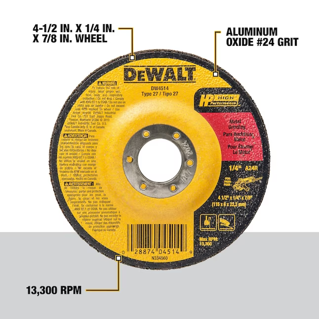 DeWALT 4 1/2" Dia. x 1/4" Size x 7/8" Arbor Metal Depressed Center Wheels 12,000 RPM Type A24R 2