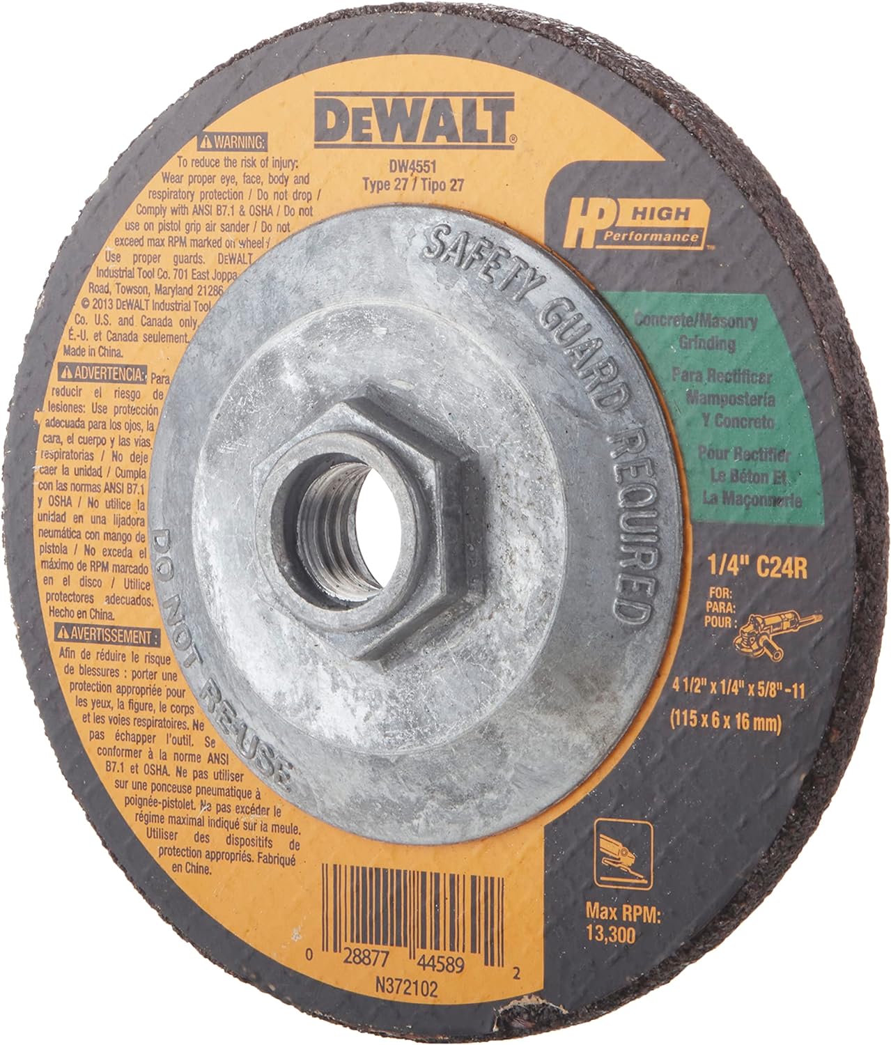 Dewalt DW4551 Type 27 Masonry Grinding Wheel 4.5″ x 1/4″ x 5/8″-11 2