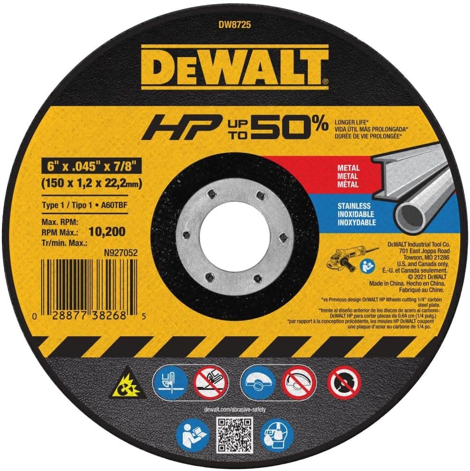 DeWALT 6" Dia. x.045" Size x 7/8" Arbor 10,100 RPM Cut Off Wheel, Metal Cutting 1