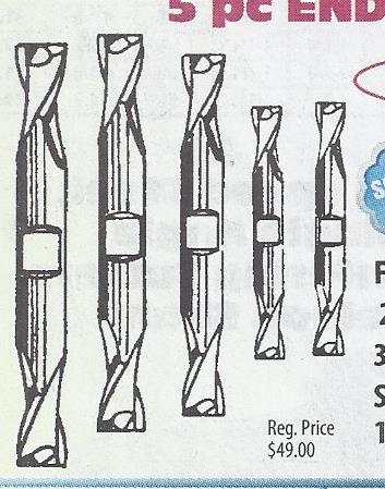 EM516 5 pc H.S. 2 Flute Double End 3/8' Shank End Mill Set Sizes: 1/8