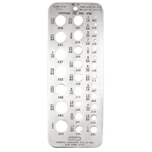 GENERAL TOOLS DRILL GAGE 1/16" TO 1/2" 29 HOLES HARDENED AND GROUND MADE IN U.S.A. GENERAL TOOLS DRILL GAGE 1/16" TO 1/2" 29 HOLES HARDENED AND GROUND MADE IN U.S.A.