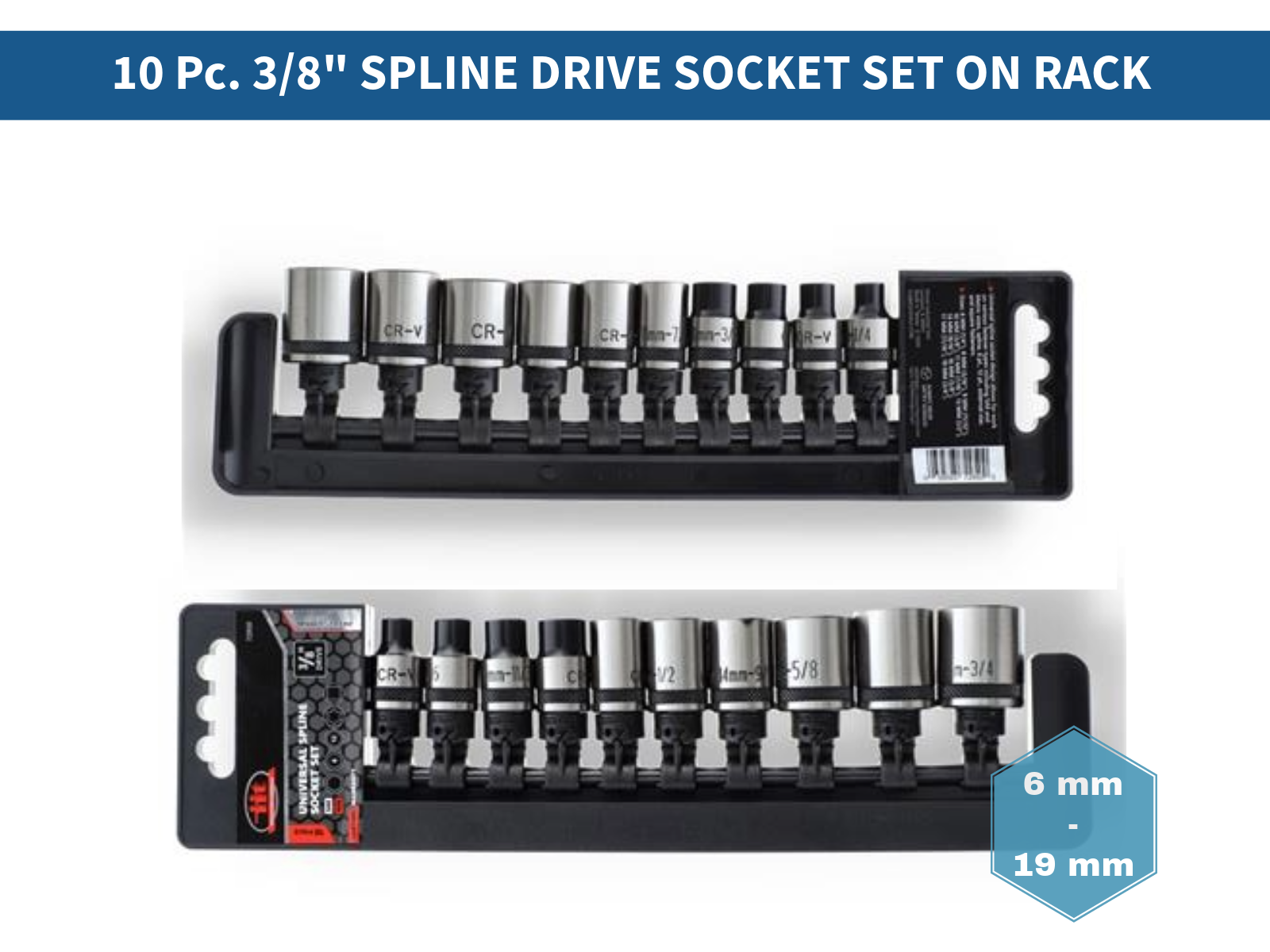 10pc 3/8'' DRIVE SPLINE DRIVE SOCKETS WITH RACK