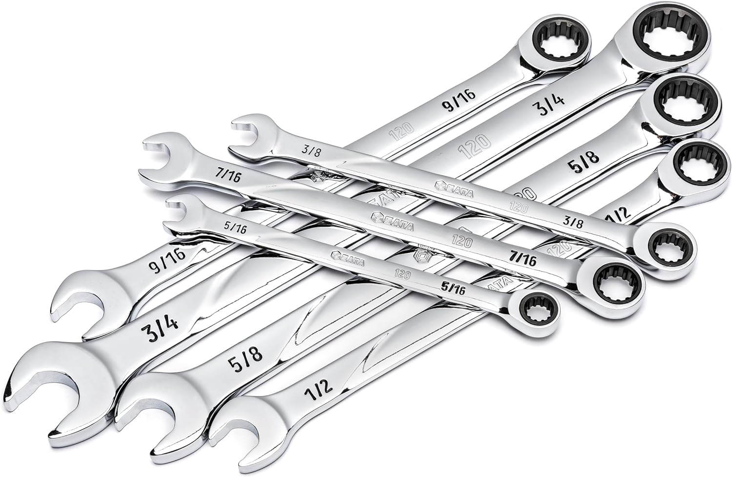SATA 7-Piece Metric 120P Professional Combination Ratcheting Wrench Set with Universal Spline Drive and 120 Opening Positions 1