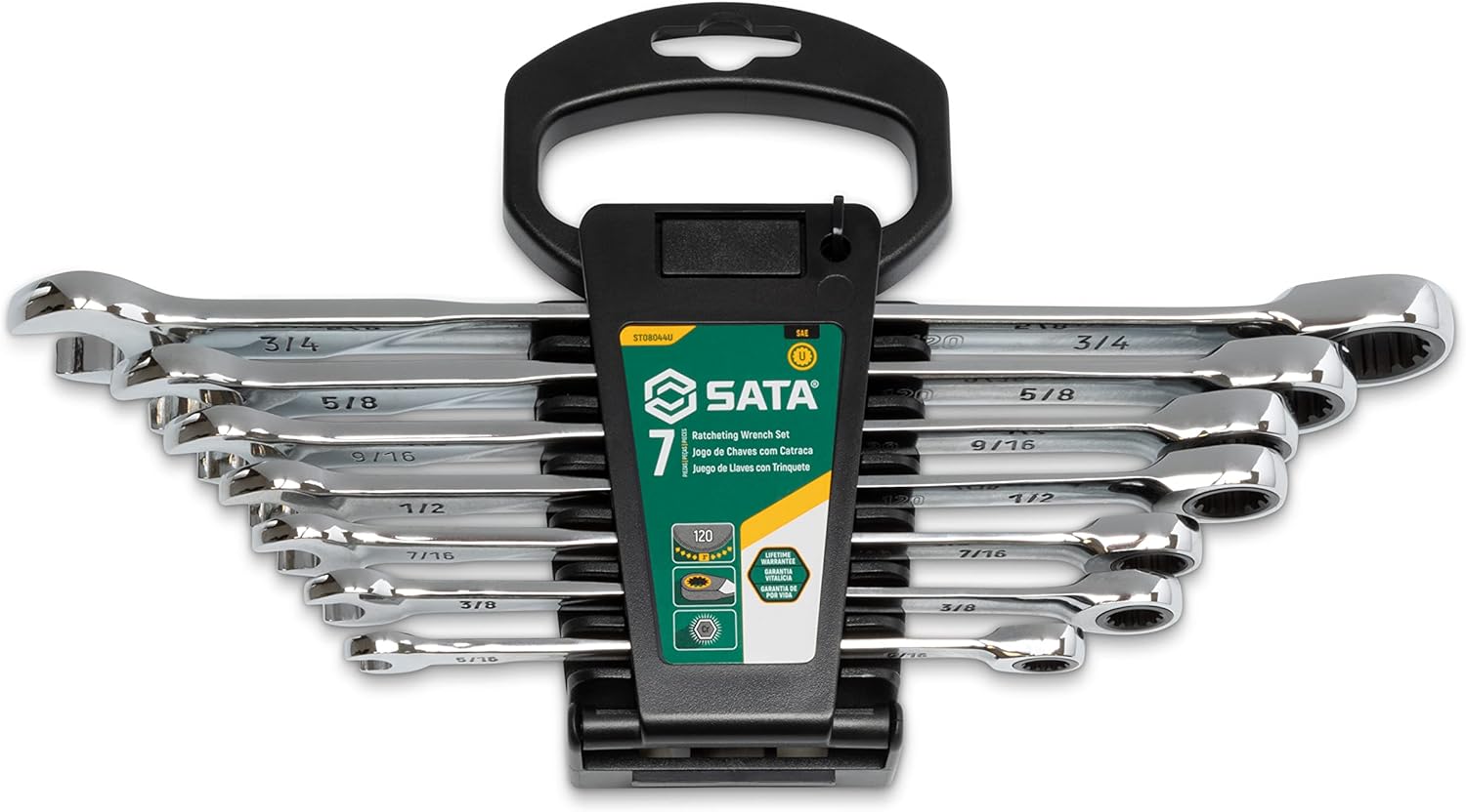 SATA 7-Piece Metric 120P Professional Combination Ratcheting Wrench Set with Universal Spline Drive and 120 Opening Positions