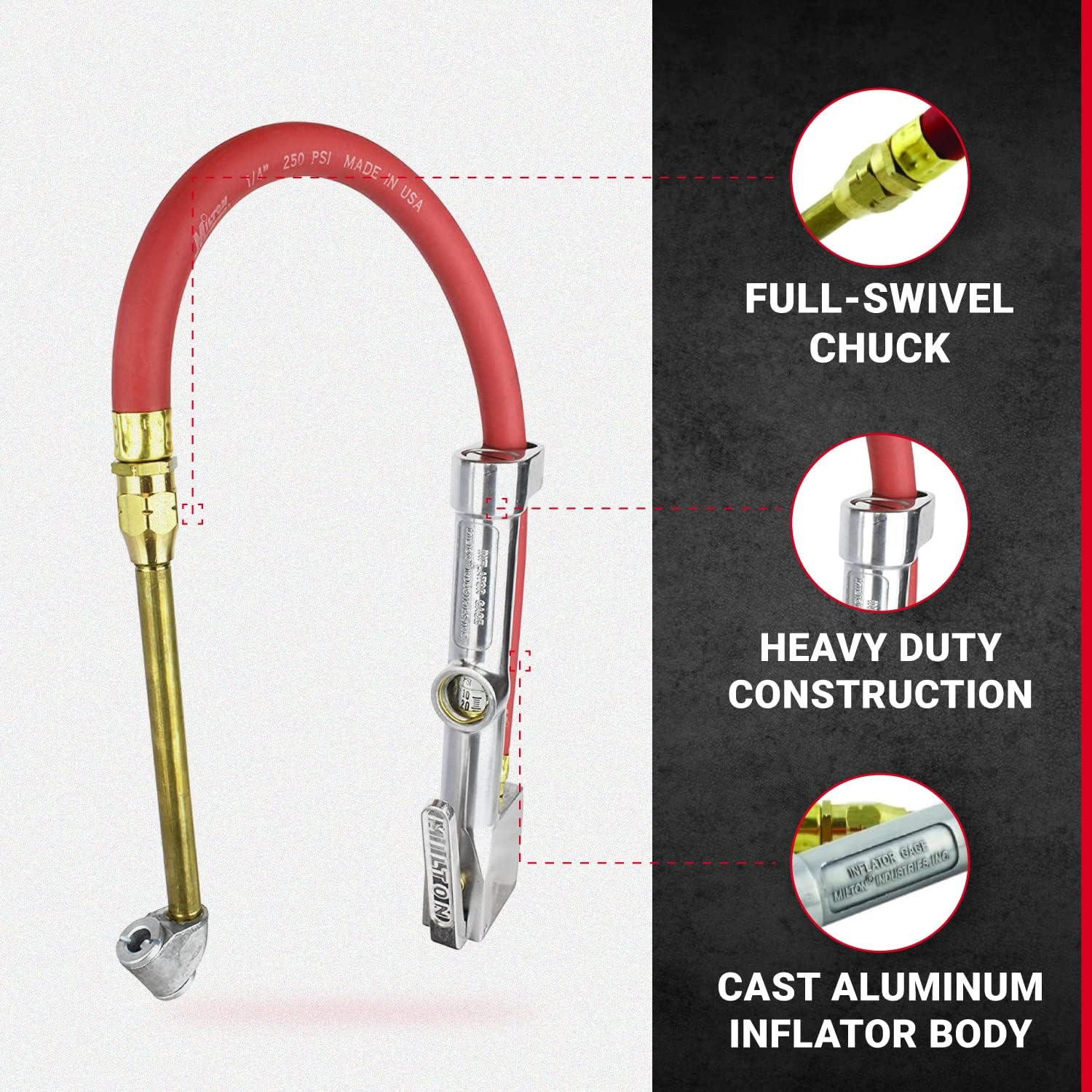 Milton Tire Inflator Gauge with Dual Head Air Chuck 15 Air Hose 10-160 PSI 2