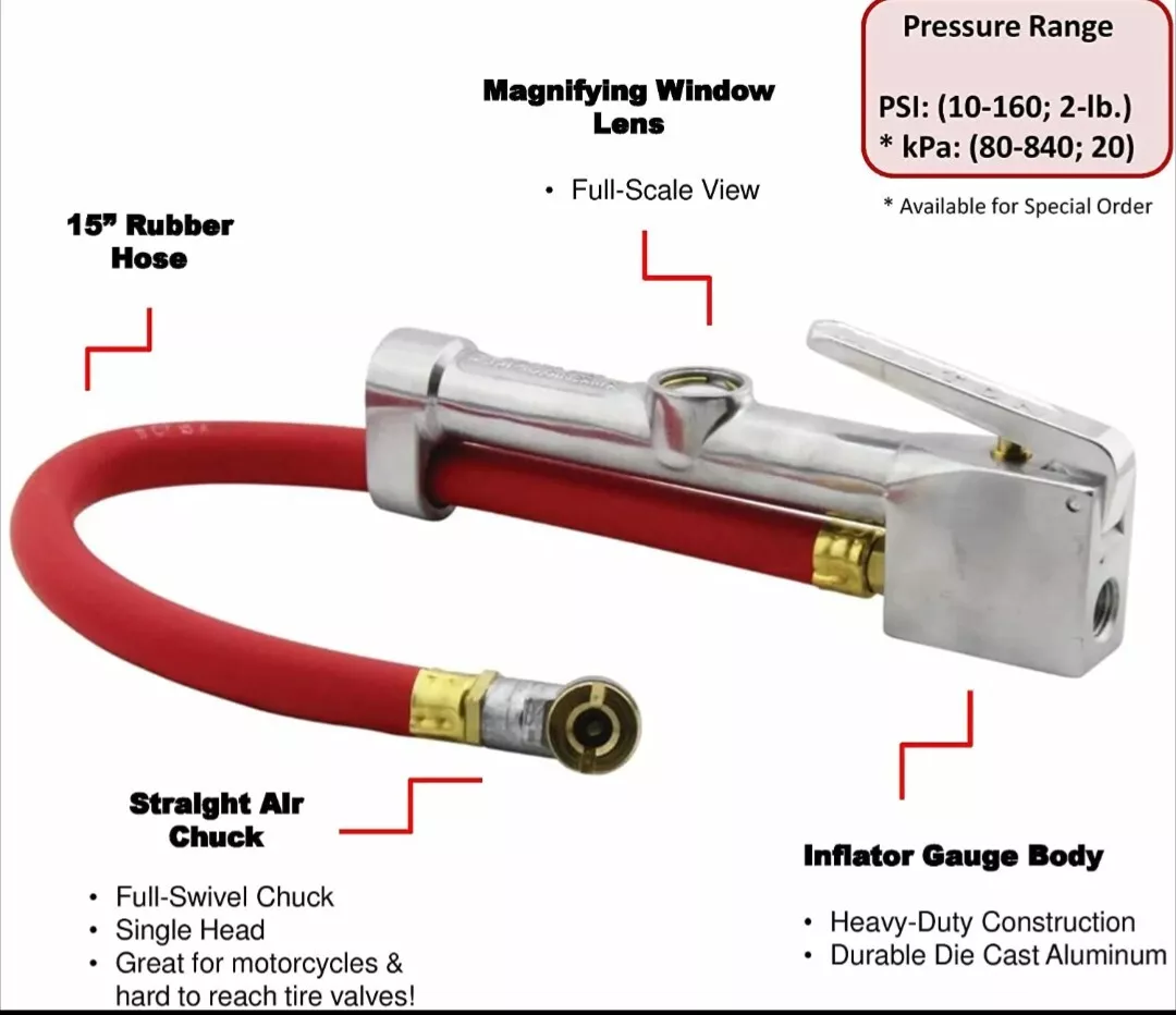 Service Station Tire Inflator and Air Pressure Gauge, Single Head Chuck, 1/4" NPT, 15" Rubber Hose, 10-160 PSI 1