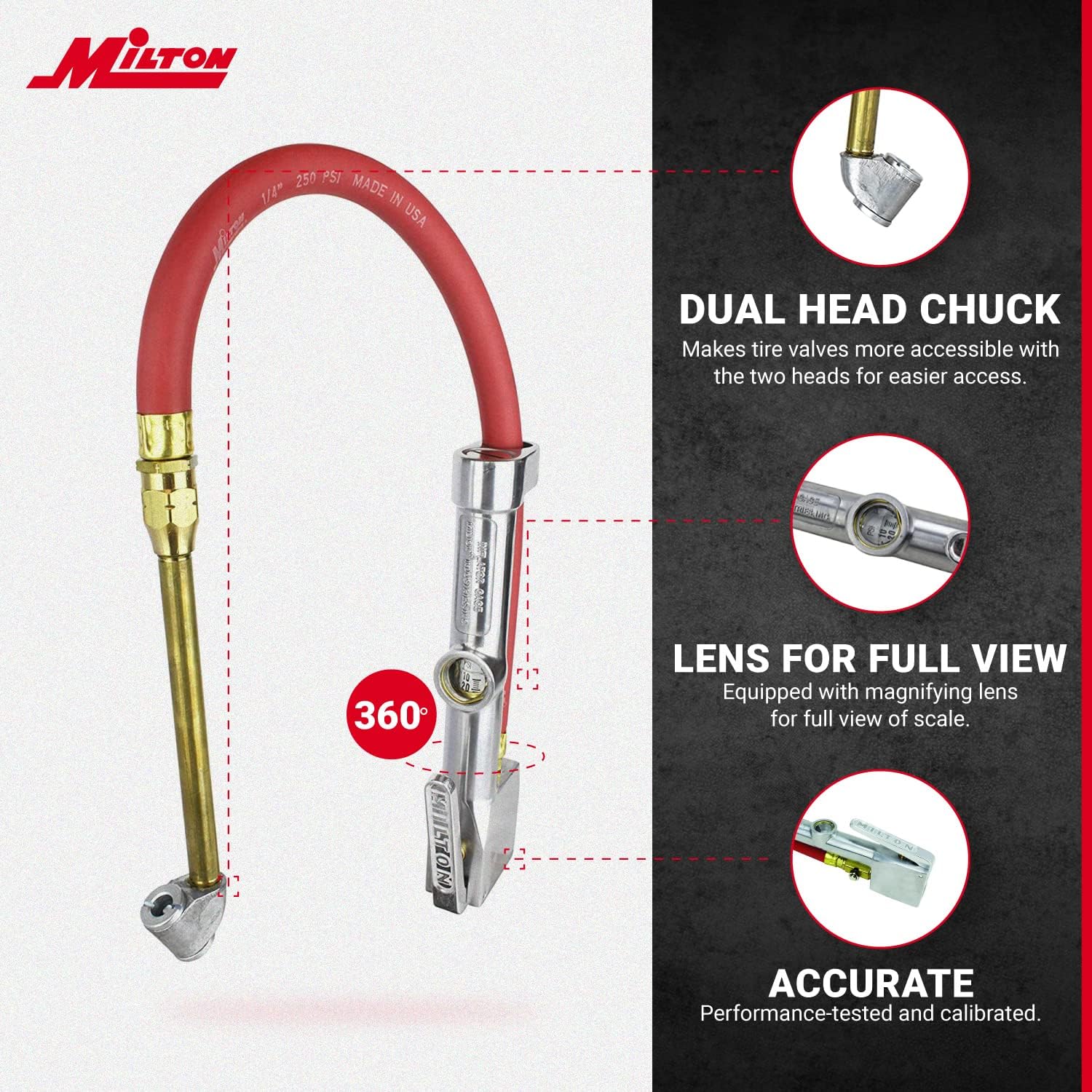 Milton Tire Inflator Gauge with Dual Head Air Chuck 15 Air Hose 10-160 PSI 1