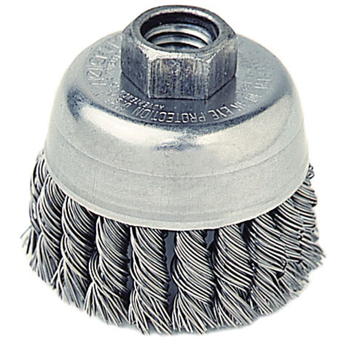 Weiler 2 3/4" x M10 x 1.25 Knotted Single Row Cup Brush 14,000 RPM Carbon Steel Wire 0.20 Made in U.S.A.