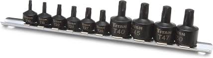 16142 Titan 10 pc Stubby Star Bit Socket Set Sizes: T10 to T50 Low Profile