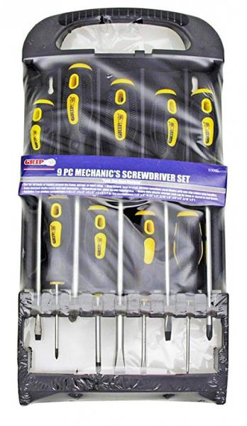 GRIP 9 pc Mechanic's Screwdriver Set . Drop forged heat treated. CVR steel blades with non-slip rubber grips 