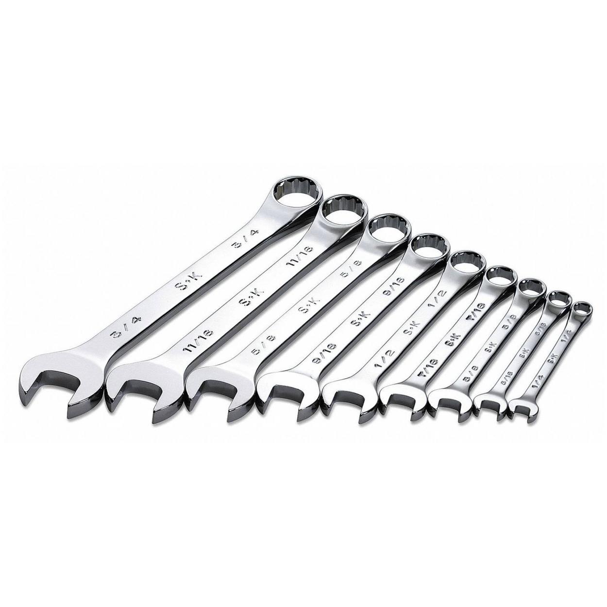 86116 SK 9 pc Fractional 6 pt Long Pattern SUPERKROME Combination Wrench Set