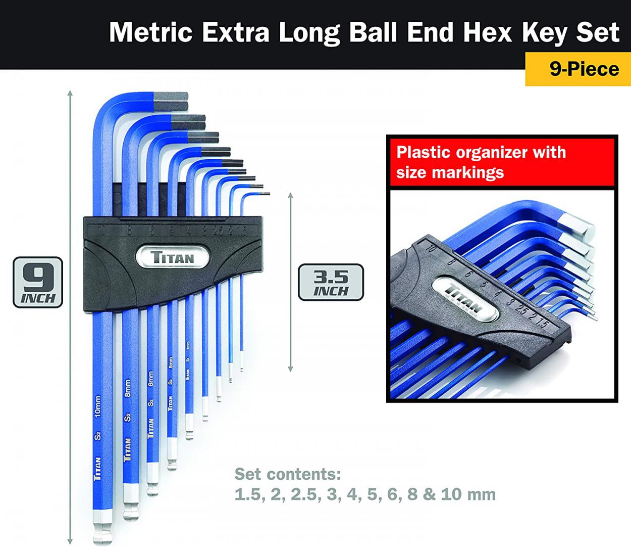 9 Pc. NON SLIP METRIC HEX KEY SET by TITAN